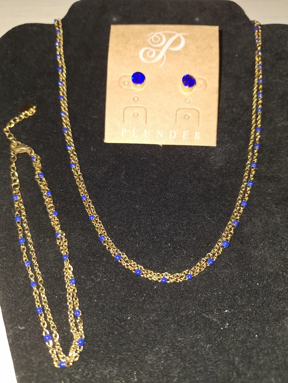 Plunder Gold Double Chain Necklace, Bracelet and Royal Blue Bead Earrings Set